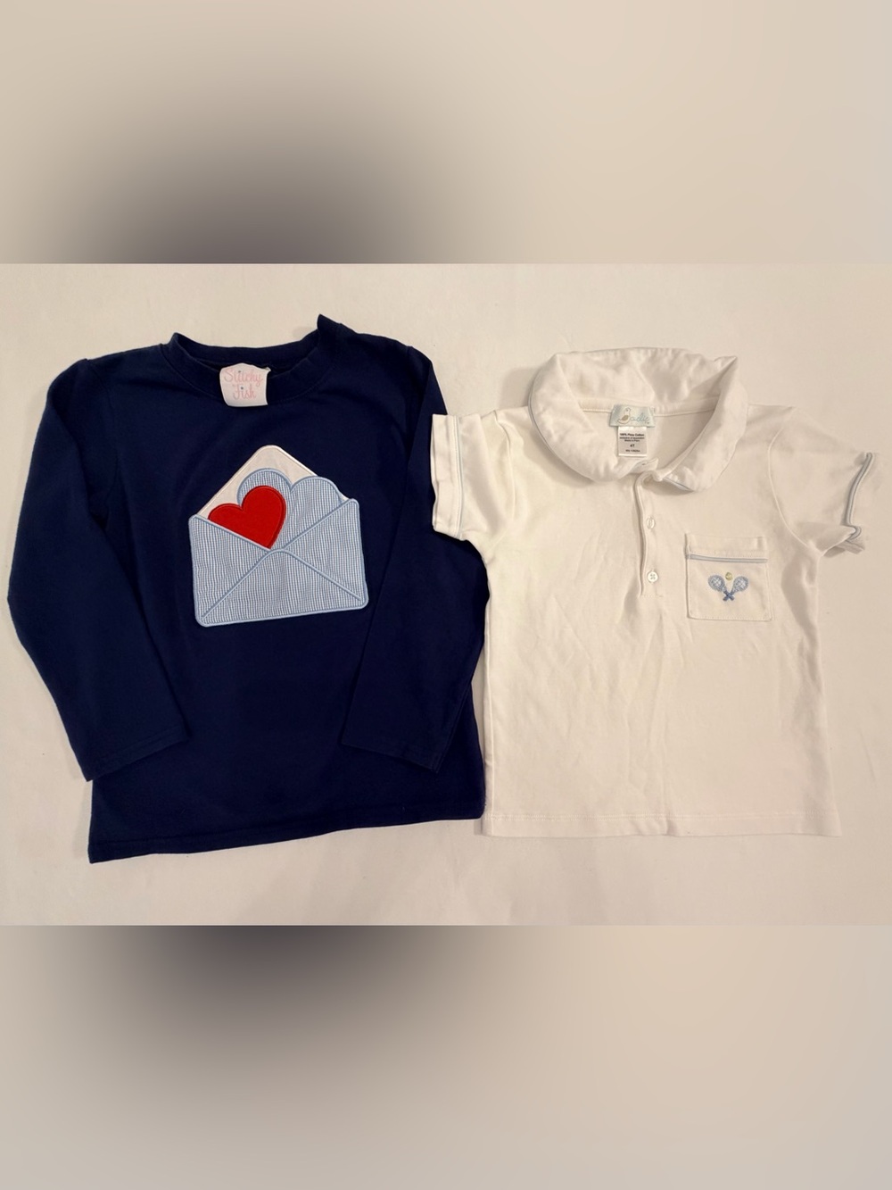 Set of 2 Boys 4T Shirts by Stitchy Fish & Cuclie Valentine Heart and Tennis